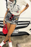 White Casual Street Cartoon Print Letter Print O Neck T-Shirts