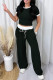 Black Casual Draw String Pocket Patchwork Contrast O Neck Short Sleeve Two Pieces