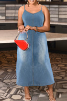 Light Blue Sexy Solid Color Patchwork Backless Spaghetti Strap Sling Plus Size Dresses