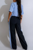 Rose Red Casual Stripe Pocket Lace Up Patchwork Contrast Turndown Collar Half Sleeve Two Pieces