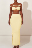 Yellow Sexy Solid Color Hollow Out Patchwork Backless Slit Off Shoulder Sleeveless Two Pieces