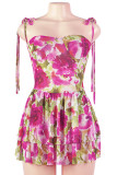 Pink Sexy Print Hollow Out Patchwork Backless Strap Design Halter A Line Dresses