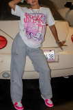 White Casual Street Cartoon Print Letter Print O Neck T-Shirts