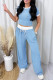 Baby Blue Casual Draw String Pocket Patchwork Contrast O Neck Short Sleeve Two Pieces