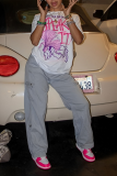 White Casual Street Cartoon Print Letter Print O Neck T-Shirts
