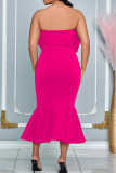 Rose Red Sexy Solid Color Patchwork Backless Bow Decor Strapless Sleeveless Two Pieces