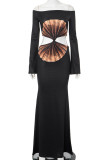 Black Sexy Print Hollow Out Patchwork Backless Off Shoulder Long Dresses