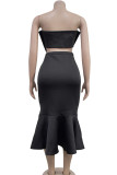 Rose Red Sexy Solid Color Patchwork Backless Bow Decor Strapless Sleeveless Two Pieces