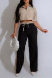 Rose Red Casual Stripe Pocket Lace Up Patchwork Contrast Turndown Collar Half Sleeve Two Pieces