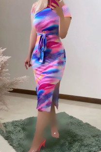 Colour Sexy Print Patchwork High Slit Strap Design O Neck Wrapped Skirt Dresses