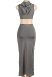 Grey Street Solid Color Patchwork Hooded Sleeveless Two Pieces
