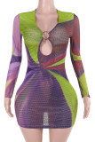 Purple Sexy Print Hollow Out Patchwork V Neck Wrapped Skirt Dresses