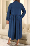 Deep Blue Street Solid Color Pocket Buckle Patchwork Ruched Turndown Collar Long Plus Size Dresses