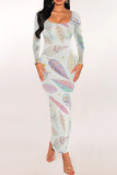 Colour Sexy Print Patchwork U Neck Wrapped Skirt Dresses