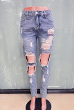 Deep Blue Sexy Solid Color Ripped Hollow Out Pocket Buttons Patchwork Zipper Mid Waist Loose Denim Jeans