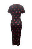 White Sexy Print Patchwork High Slit Strap Design O Neck Wrapped Skirt Dresses