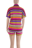 Purple Casual Stripe Pocket Buckle Patchwork Strap Design Contrast Turndown Collar Short Sleeve Two Pieces