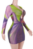 Purple Sexy Print Hollow Out Patchwork V Neck Wrapped Skirt Dresses