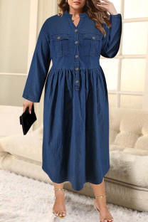 Deep Blue Street Solid Color Pocket Buckle Patchwork Ruched Turndown Collar Long Plus Size Dresses