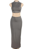 Grey Street Solid Color Patchwork Hooded Sleeveless Two Pieces
