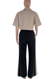 Rose Red Casual Stripe Pocket Lace Up Patchwork Contrast Turndown Collar Half Sleeve Two Pieces