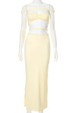 Yellow Sexy Solid Color Hollow Out Patchwork Backless Slit Off Shoulder Sleeveless Two Pieces