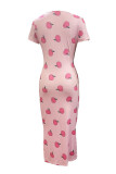 White Sexy Print Patchwork High Slit Strap Design O Neck Wrapped Skirt Dresses