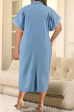 Light Blue Casual Solid Color Pocket Patchwork Zipper Turndown Collar Long Plus Size Dresses