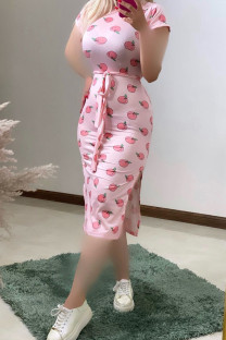 Pink Sexy Print Patchwork High Slit Strap Design O Neck Wrapped Skirt Dresses