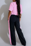 Rose Red Casual Stripe Pocket Lace Up Patchwork Contrast Turndown Collar Half Sleeve Two Pieces