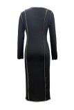 Black Sexy Leopard Print Patchwork Contrast O Neck Wrapped Skirt Dresses