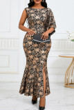 Black Gold Elegant Bronzing Pattern Patchwork Slit O Neck Evening Dresses
