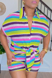 Purple Casual Stripe Pocket Buckle Patchwork Strap Design Contrast Turndown Collar Short Sleeve Two Pieces