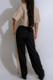 Rose Red Casual Stripe Pocket Lace Up Patchwork Contrast Turndown Collar Half Sleeve Two Pieces