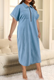 Light Blue Casual Solid Color Pocket Patchwork Zipper Turndown Collar Long Plus Size Dresses