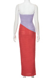 Fuchsia Sexy Patchwork Backless Contrast Strapless Long Dresses