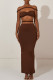 Brown Sexy Solid Color Hollow Out Patchwork Backless Slit Off Shoulder Sleeveless Two Pieces