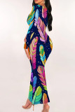 Colour Sexy Print Patchwork U Neck Wrapped Skirt Dresses