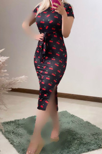 Black Sexy Print Patchwork High Slit Strap Design O Neck Wrapped Skirt Dresses