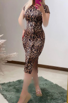 Camel Sexy Print Patchwork High Slit Strap Design O Neck Wrapped Skirt Dresses