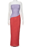 Fuchsia Sexy Patchwork Backless Contrast Strapless Long Dresses