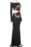 Black Sexy Print Hollow Out Patchwork Backless Off Shoulder Long Dresses