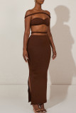 Yellow Sexy Solid Color Hollow Out Patchwork Backless Slit Off Shoulder Sleeveless Two Pieces