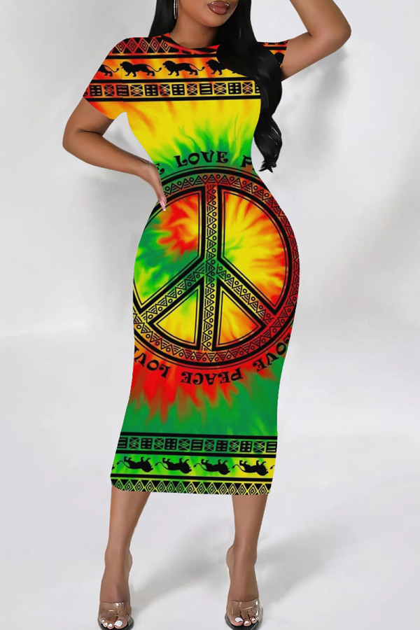 Black Yellow Casual Print Patchwork O Neck Wrapped Skirt Dresses