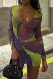 Purple Sexy Print Hollow Out Patchwork V Neck Wrapped Skirt Dresses