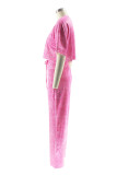 Pink Casual Solid Color Cross Straps O Neck Short Sleeve Two Pieces
