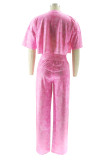 Pink Casual Solid Color Cross Straps O Neck Short Sleeve Two Pieces