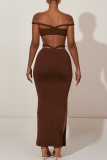 Yellow Sexy Solid Color Hollow Out Patchwork Backless Slit Off Shoulder Sleeveless Two Pieces