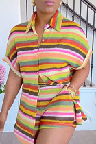 Yellow Casual Stripe Pocket Buckle Patchwork Strap Design Contrast Turndown Collar Short Sleeve Two Pieces