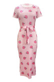 White Sexy Print Patchwork High Slit Strap Design O Neck Wrapped Skirt Dresses